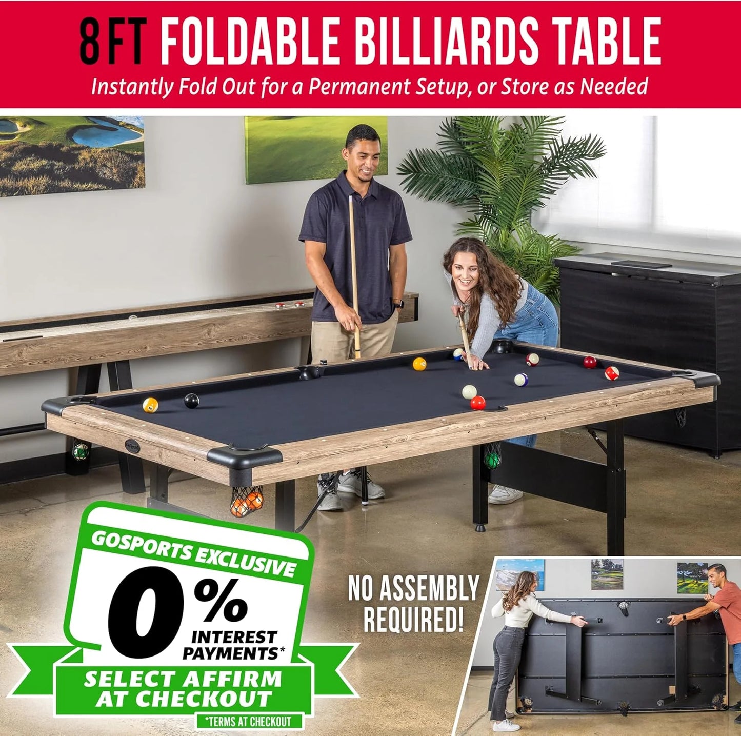 GoSports 6, 7, or 8 ft Billiards Tables - No Assembly, Choose Your Color - Portable Pool Table Includes Full Set of Balls, 2 Cue Sticks, Chalk and Felt Brush