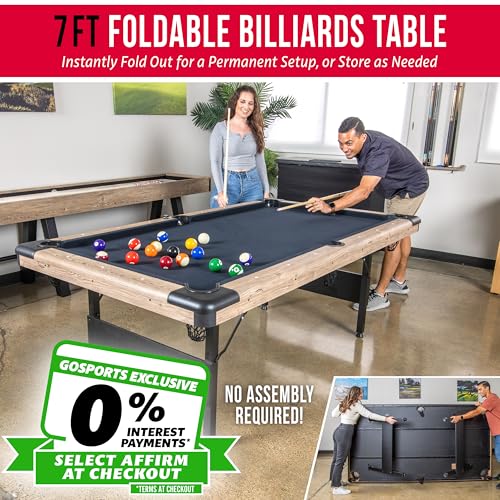 GoSports 6, 7, or 8 ft Billiards Tables - No Assembly, Choose Your Color - Portable Pool Table Includes Full Set of Balls, 2 Cue Sticks, Chalk and Felt Brush
