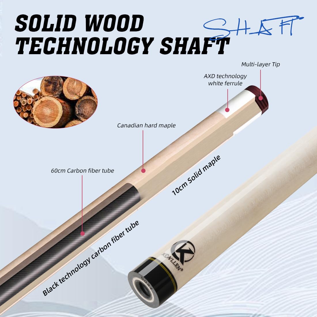 KONLLEN KL-KB Low Deflection Maple Billiards Cue Pool Cue Stick Real Wood Abalone Shell Inlay Wrapless 12.5mm Tip
