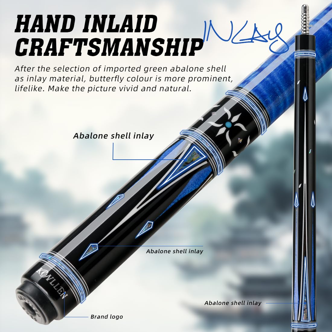 KONLLEN KL-KB Low Deflection Maple Billiards Cue Pool Cue Stick Real Wood Abalone Shell Inlay Wrapless 12.5mm Tip