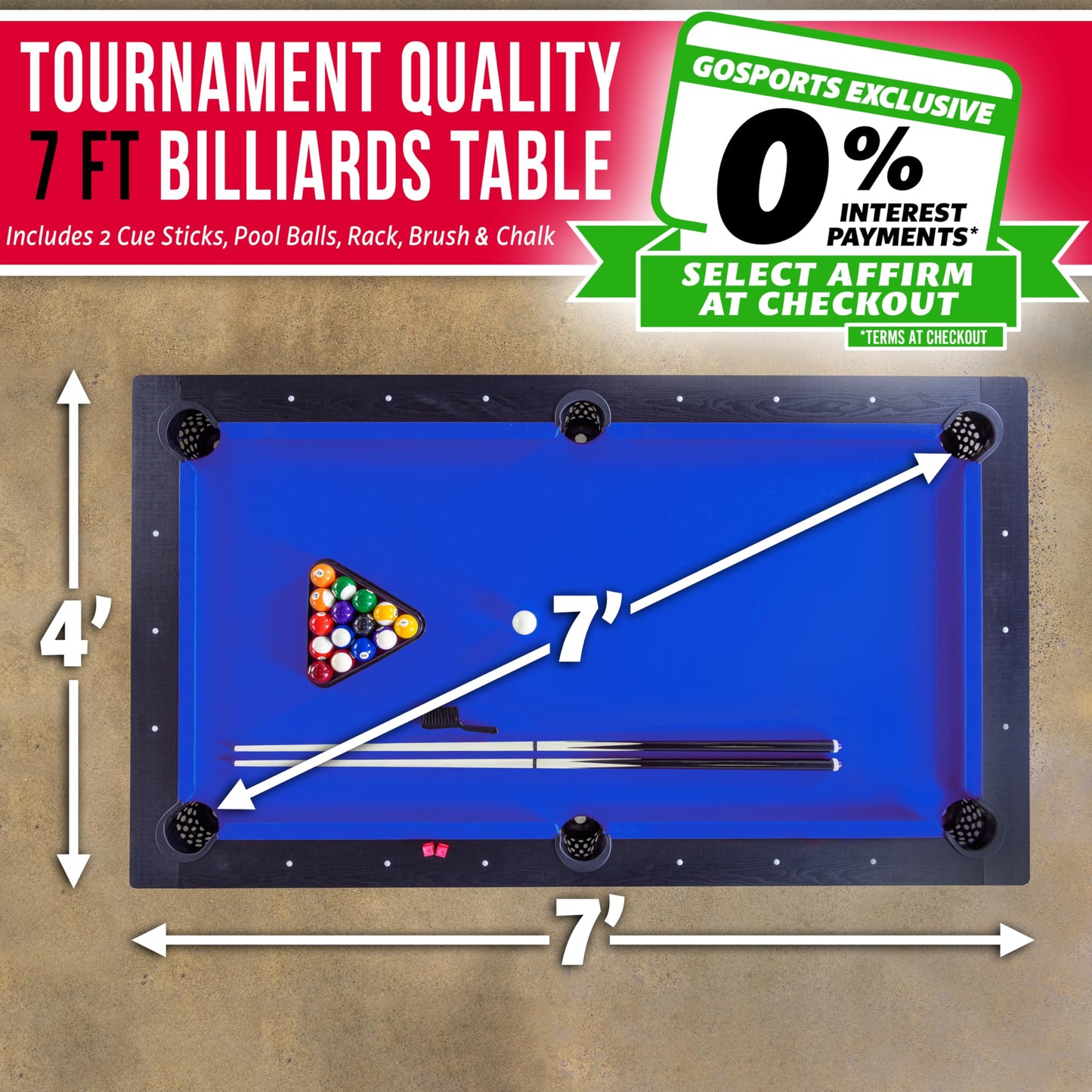 GoSports 7 ft Pool Tables with Wood Finish - Choose Your Style - Modern Billiards Table with 2 Cue Sticks, Balls, Rack, Felt Brush and Chalk