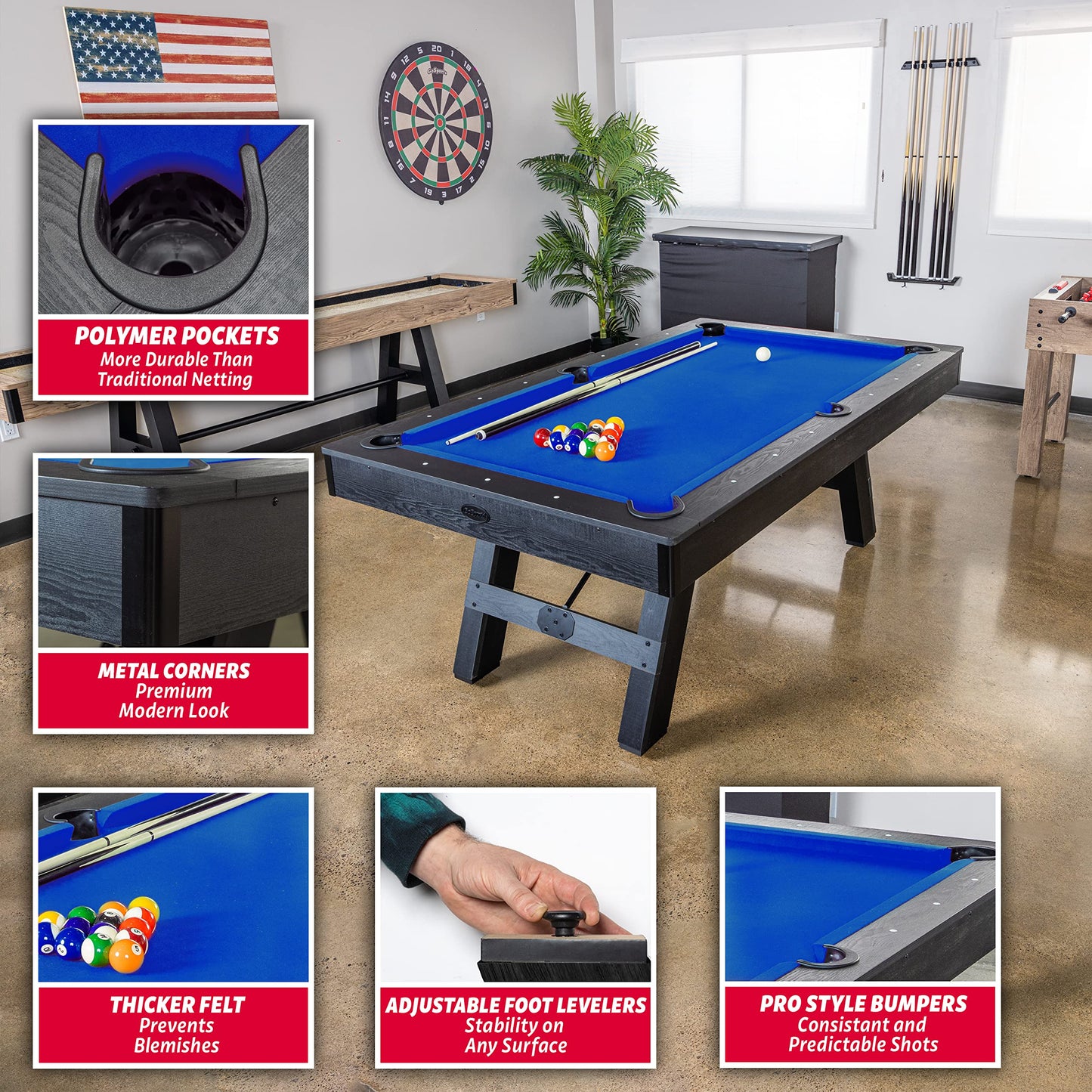 GoSports 7 ft Pool Tables with Wood Finish - Choose Your Style - Modern Billiards Table with 2 Cue Sticks, Balls, Rack, Felt Brush and Chalk