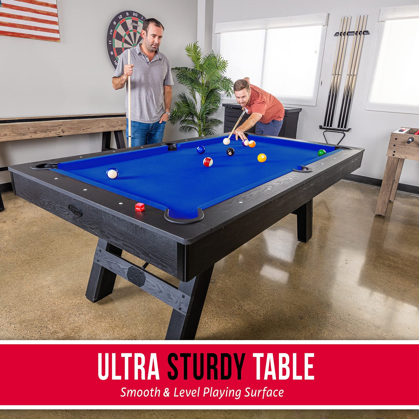 GoSports 7 ft Pool Tables with Wood Finish - Choose Your Style - Modern Billiards Table with 2 Cue Sticks, Balls, Rack, Felt Brush and Chalk