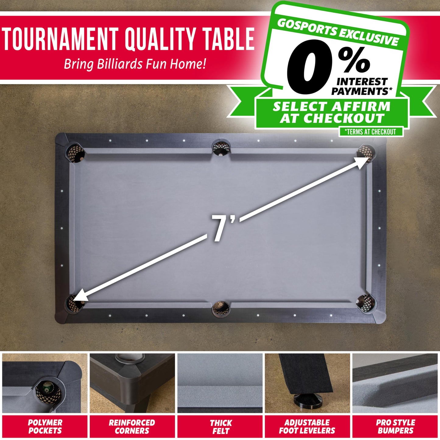 GoSports 7 ft Pool Tables with Wood Finish - Gray or Green Felt - Billiards Game Room Table for Adults & Family - Accessories Not Included