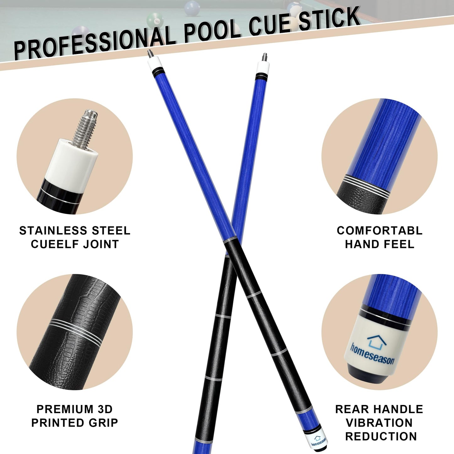 HomeSeason 58 inch Pool Cue Stick Canadian Maple Wood 13mm Tip - 20oz Perfect for Precision Play, Low Deflection Pool Cue for Enhanced Accuracy